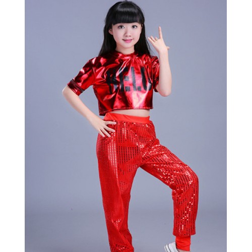 Modern dance hiphop outfits for girls kids children stage red pink gold performance jazz singers cheerleaders dance costumes 